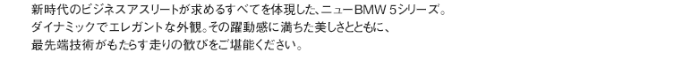 新時代のビジネスアスリートが求めるすべてを体現した、ニューBMW 5シリーズ。 ダイナミックでエレガントな外観。その躍動感に満